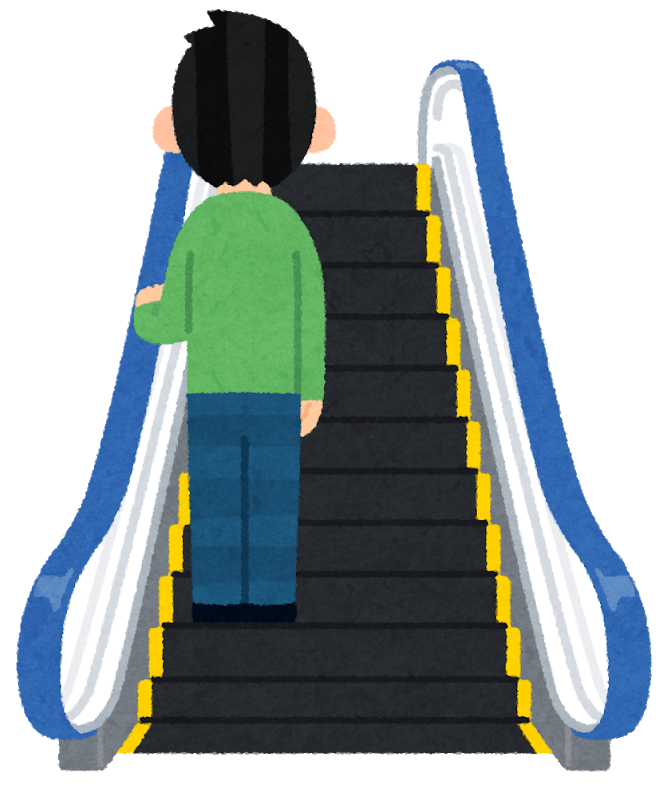 People riding various escalators