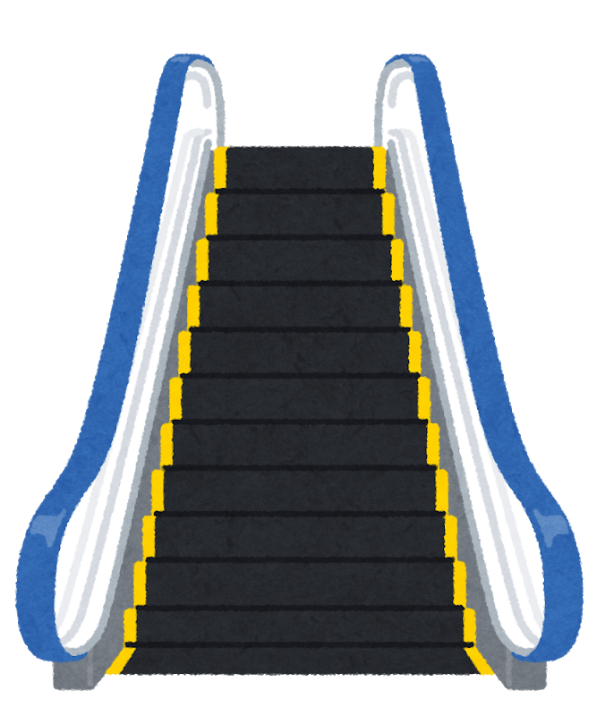People riding various escalators
