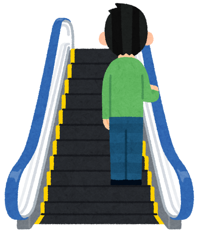 People riding various escalators