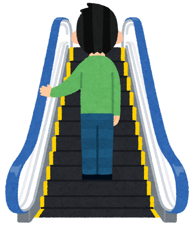 People riding various escalators