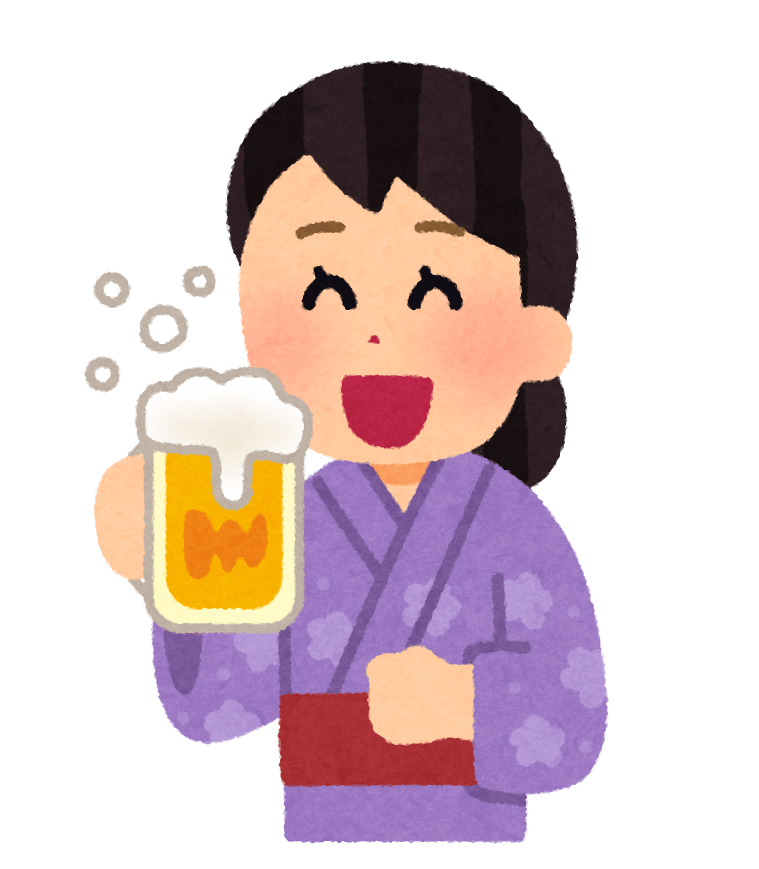 A person who drinks beer in a yukata (female)