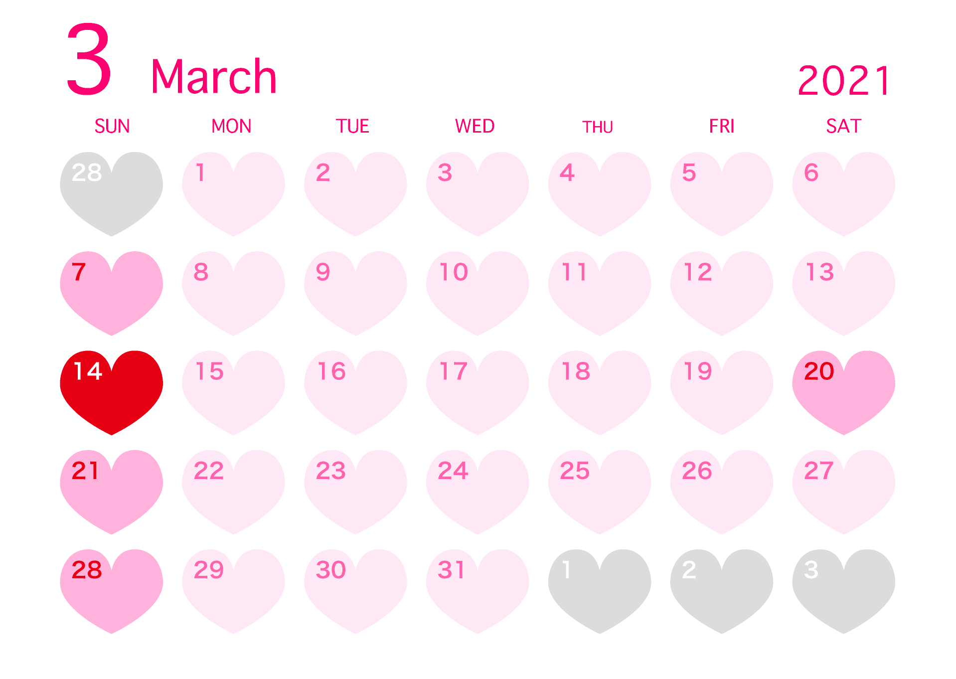 Heart calendar for March 2021