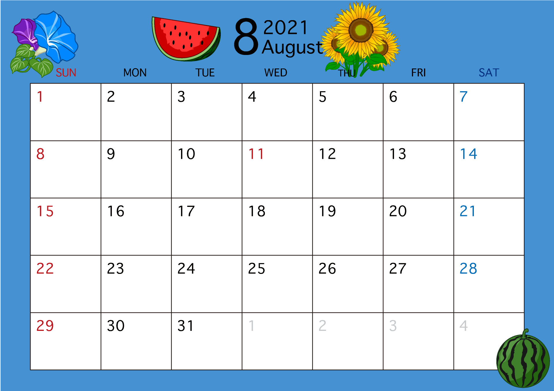 August 2021 calendar (sunflower)