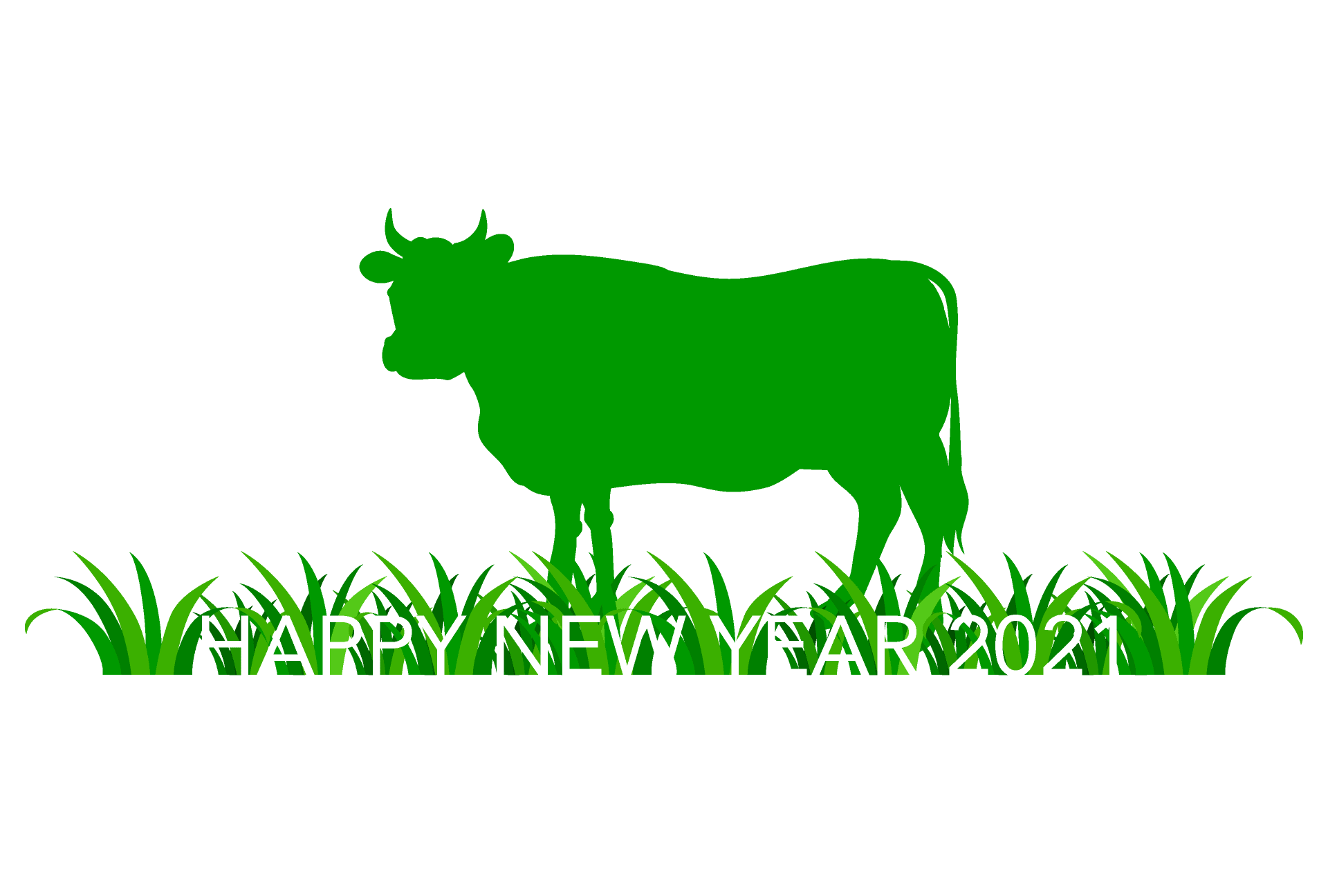 New Year's card with green cow silhouette