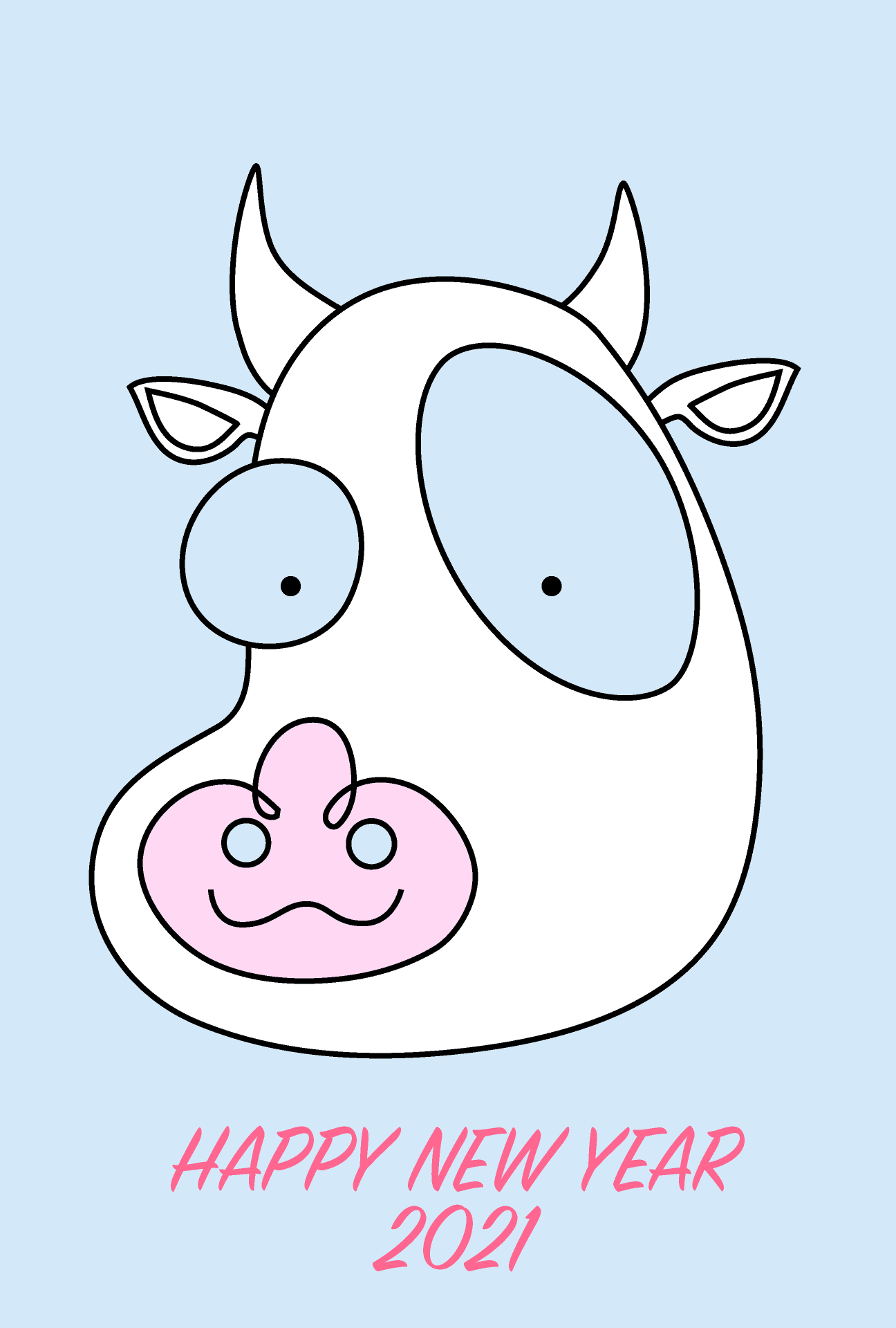 New Year's card with cute cow face graphic