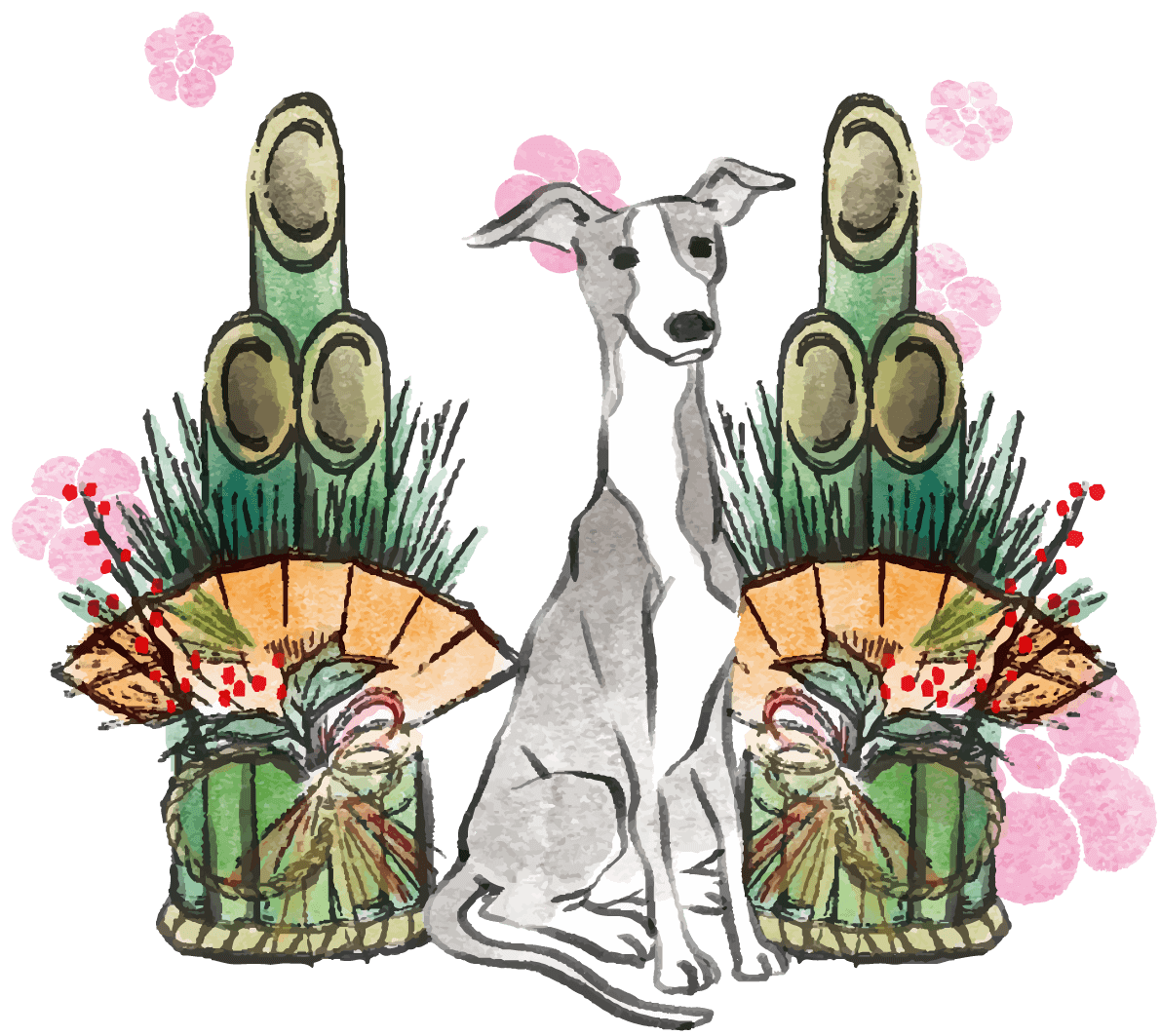 Year of the Dog-Italian-Greyhound Japanese Style (Kadomatsu) 2018 Zodiac Illustration-Sit-Sit