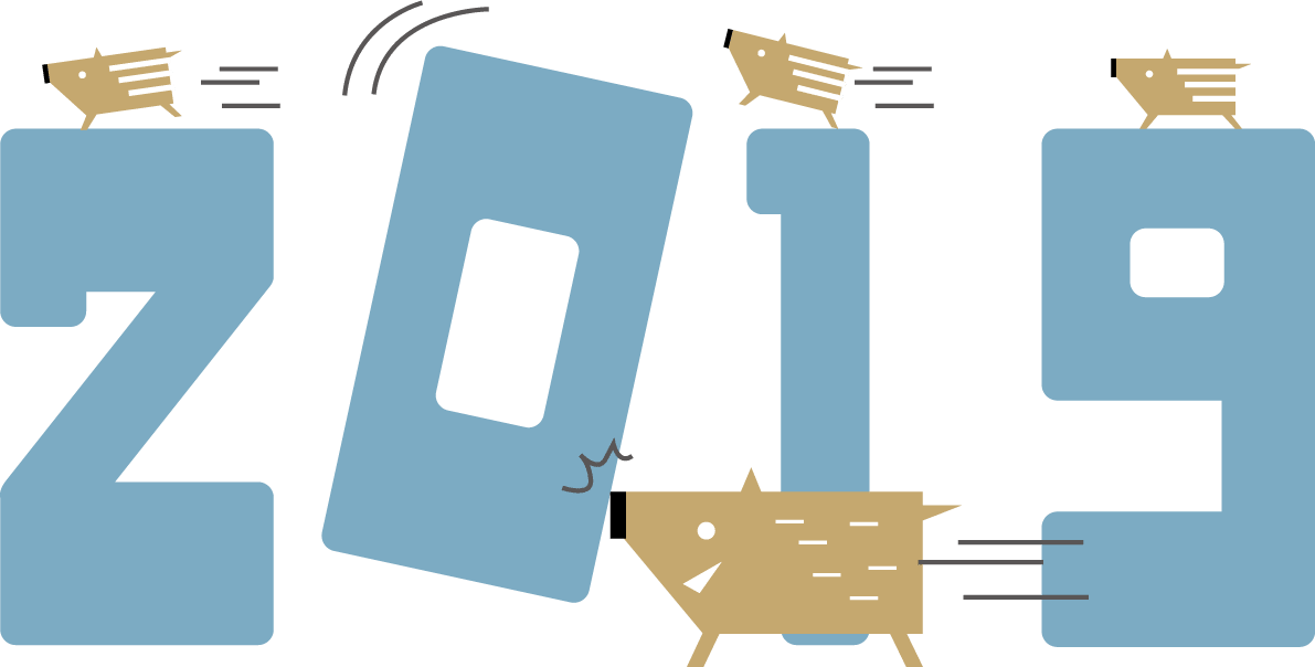 Cute 2019 numbers and running wild boars New Year's card