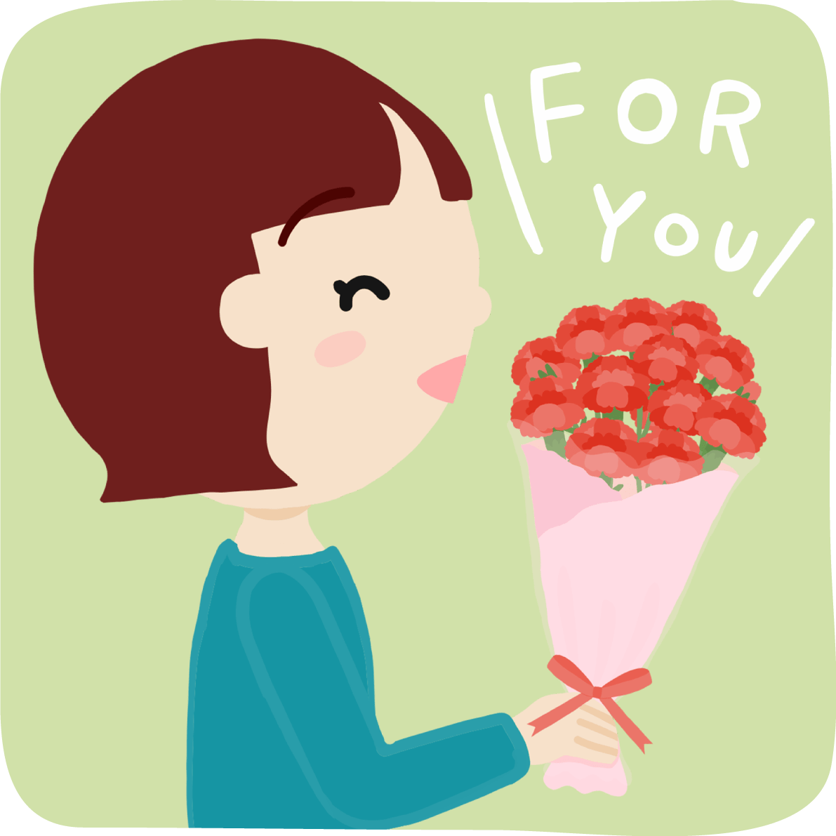 Sideways with a bouquet of girls with carnations smiling on Mother's Day