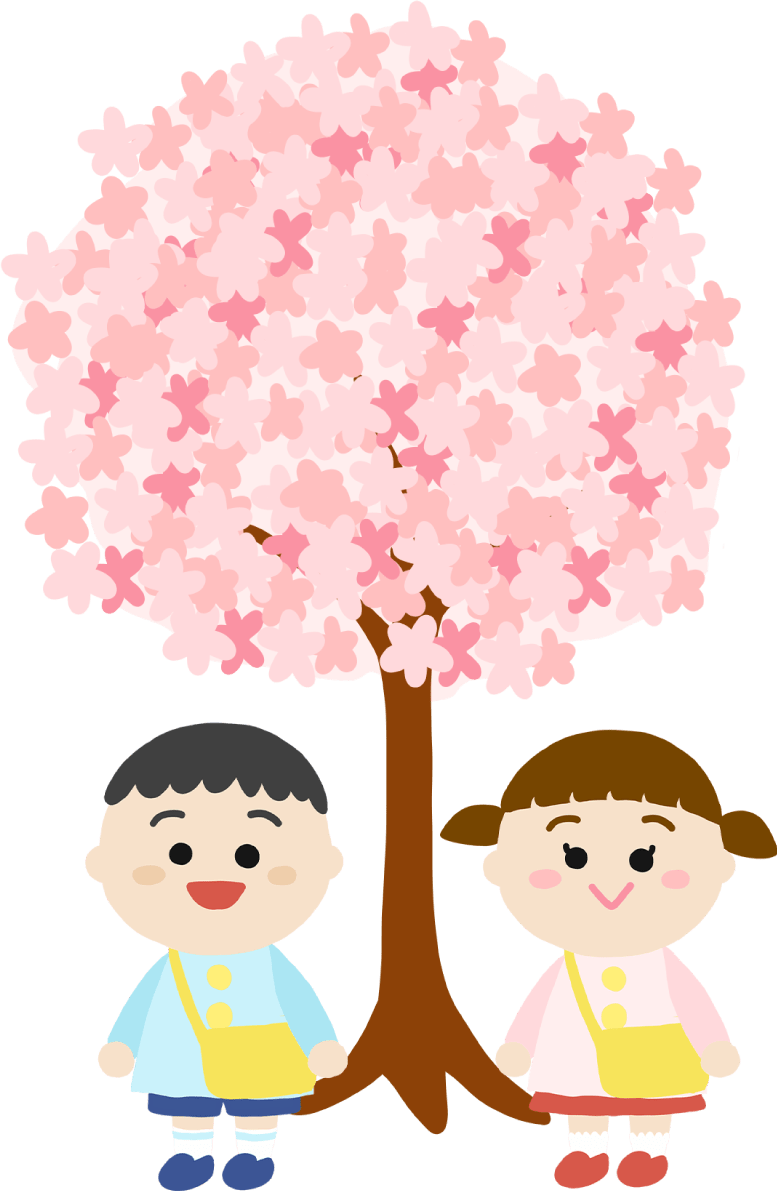 A child in a yellow bag in a kindergarten uniform under the cherry blossoms