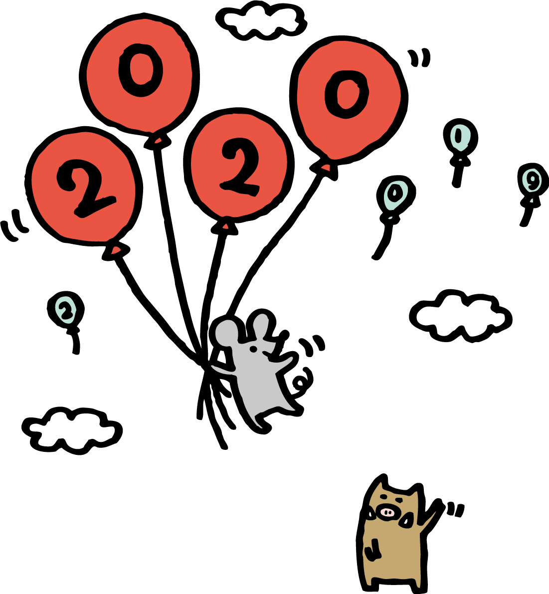Waving to a mouse (mouse) flying in the sky with 2020 balloons-Cute 2019 year of the pig-2020 changes to child year