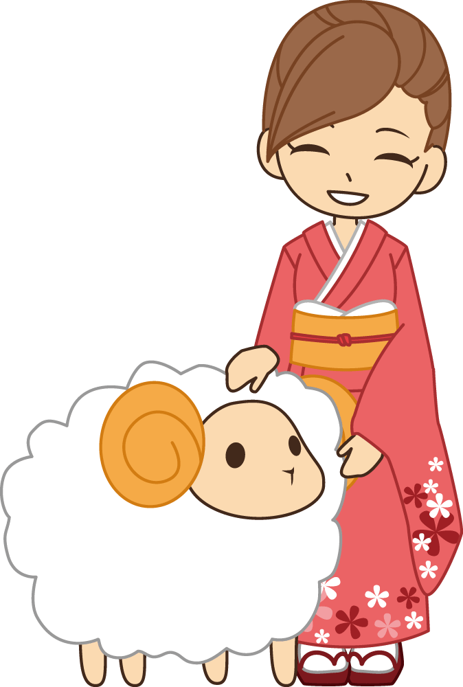 A woman in a kimono stroking a sheep