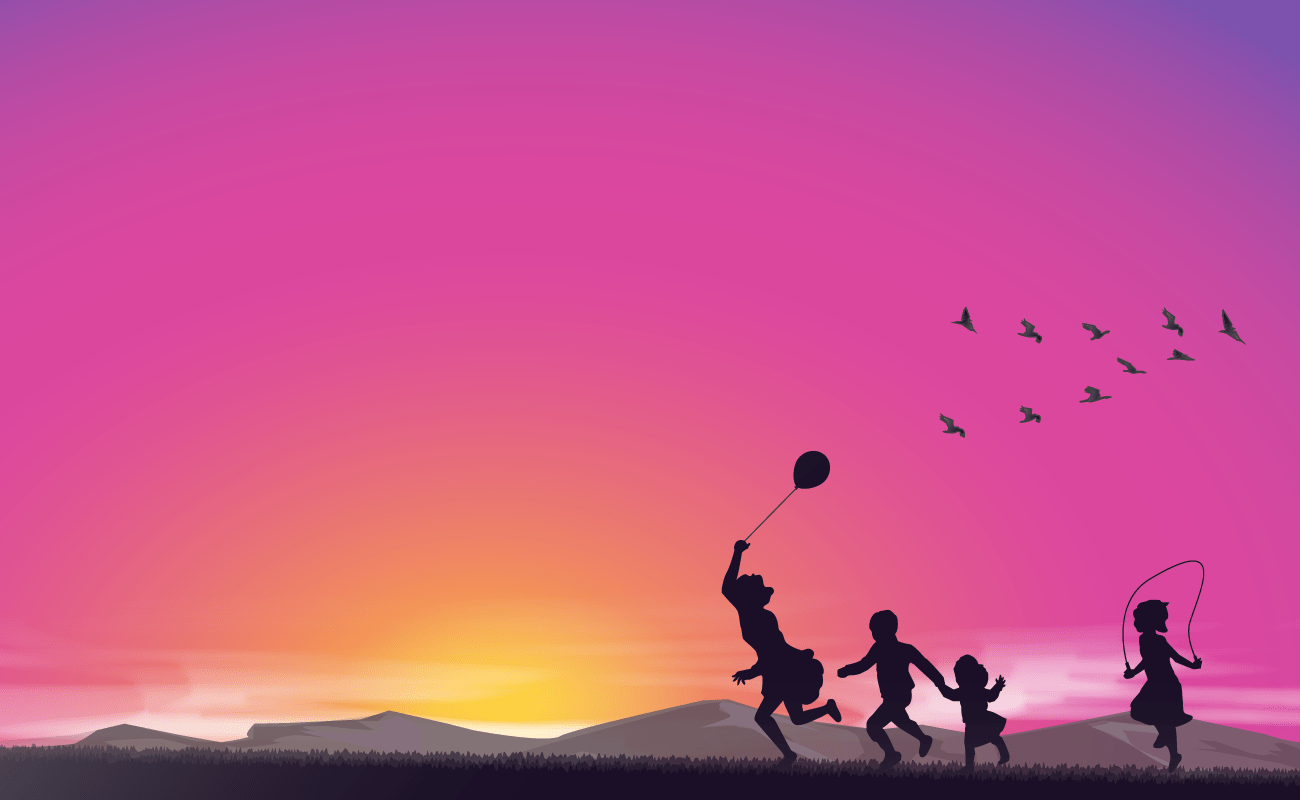 Children play happily against the background of the sunset-background