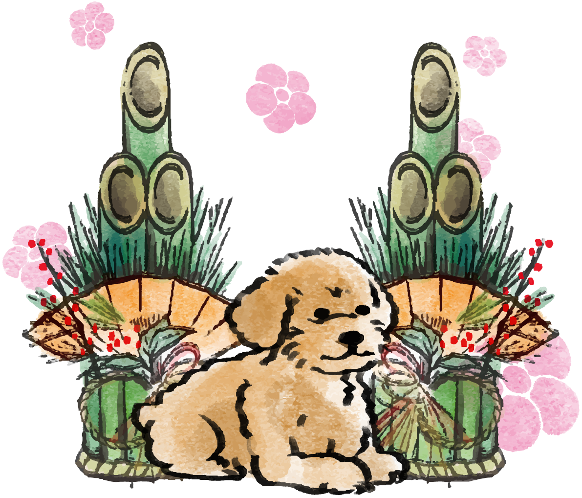 Year of the Dog-Toy Poodle Japanese Style (Kadomatsu) 2018 Zodiac Illustration-Looking Sideways
