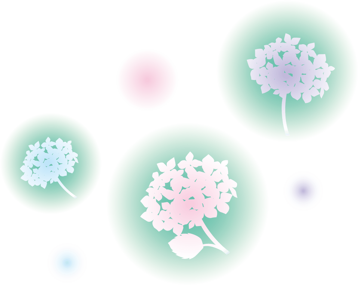 Cute hydrangea of various colors in the green light