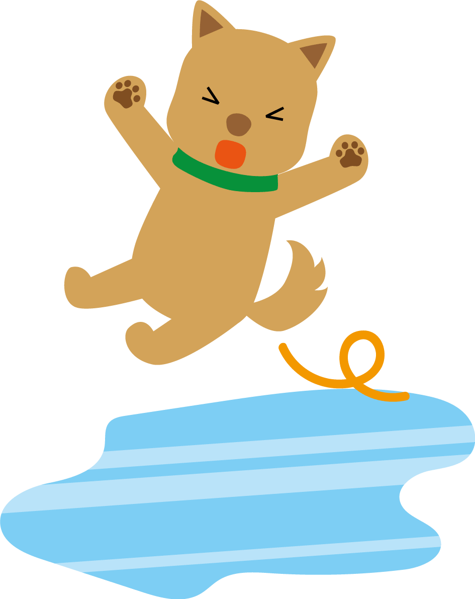 A dog that is about to fall on a dangerous frozen road surface