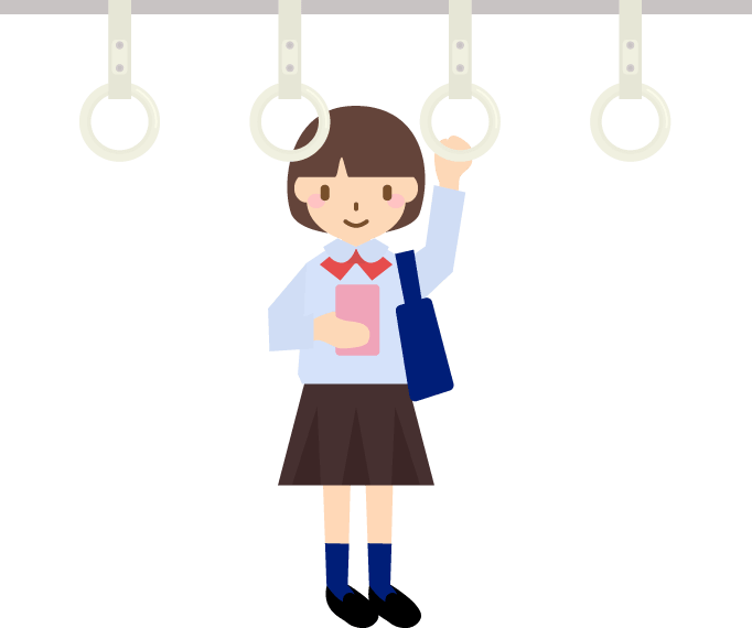 Student holding on to a strap and looking at a smartphone