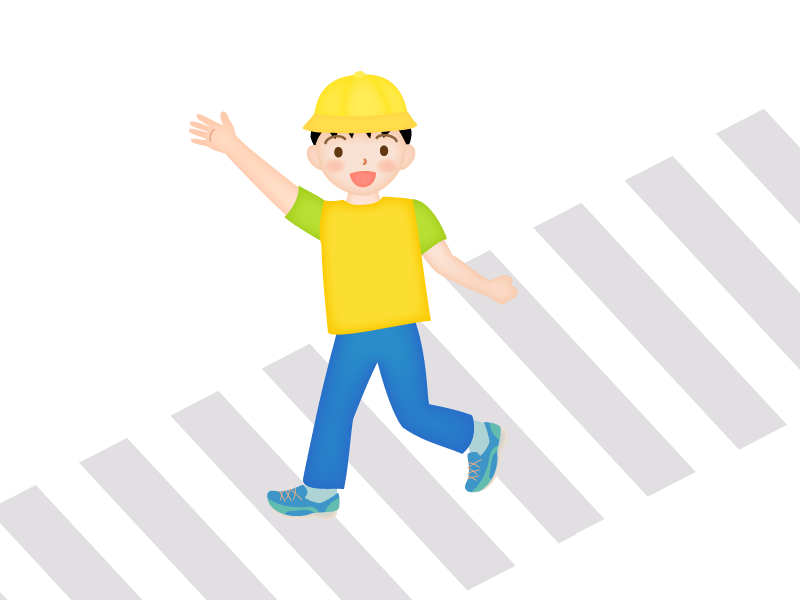 Children raising their hands and crossing the pedestrian crossing