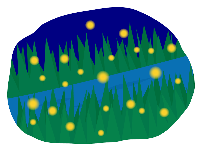 Fireflies are flying at the riverside at night
