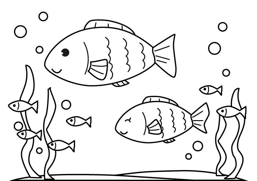 Coloring of cute fish swimming in the sea (line art)