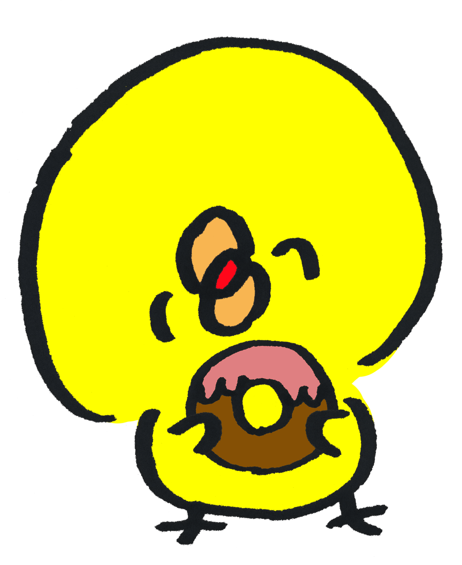 A chick holding a donut like a handle