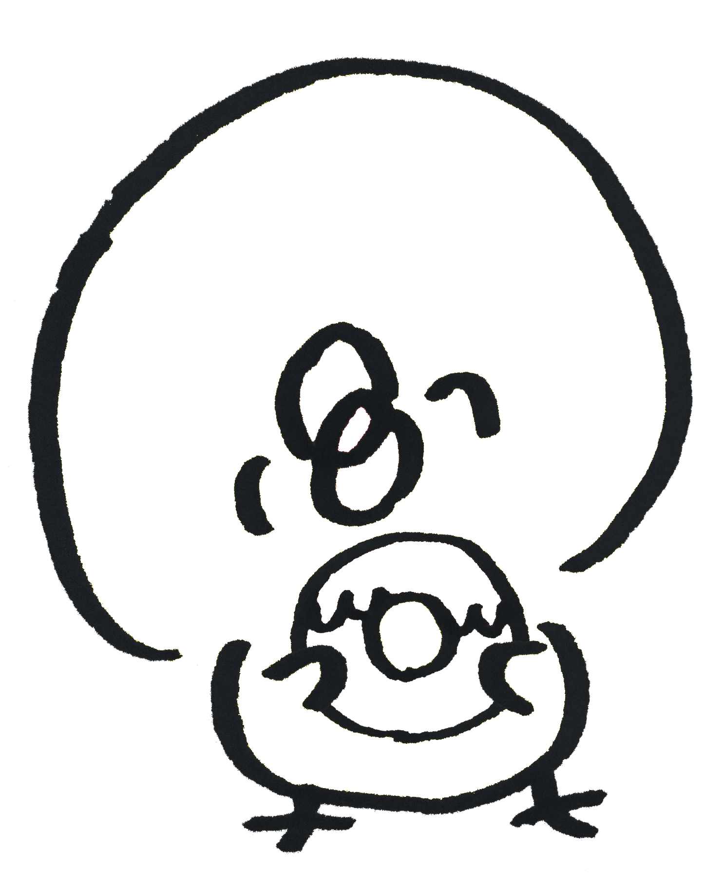 A chick holding a donut like a handle