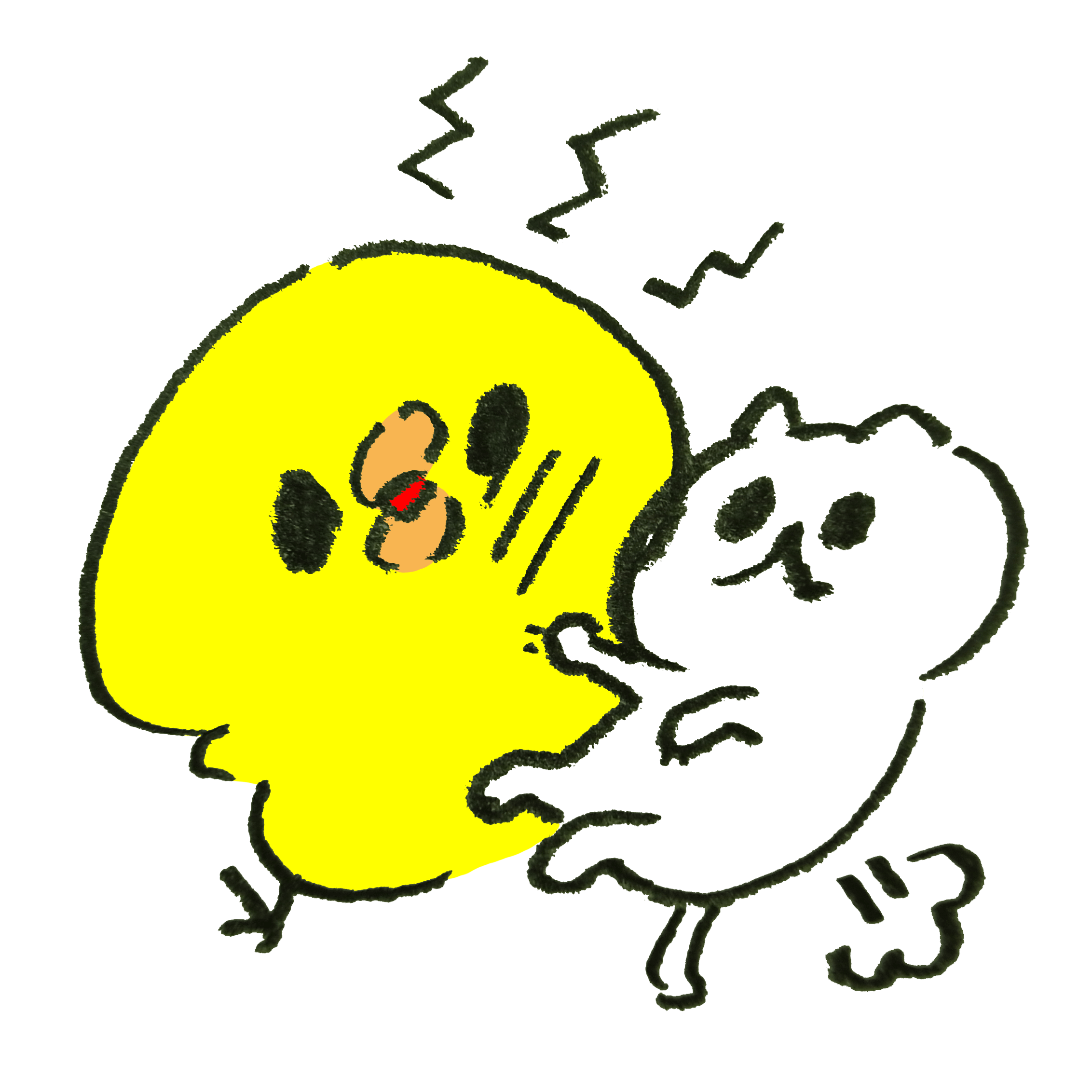 A chick whose face is scratched by a white cat