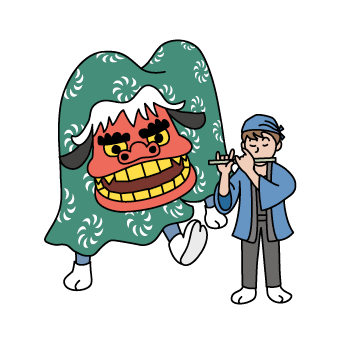 Lion dance and the boy blowing the whistle