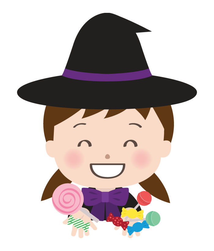 Girl in Halloween costume of a witch who received a lot of candies