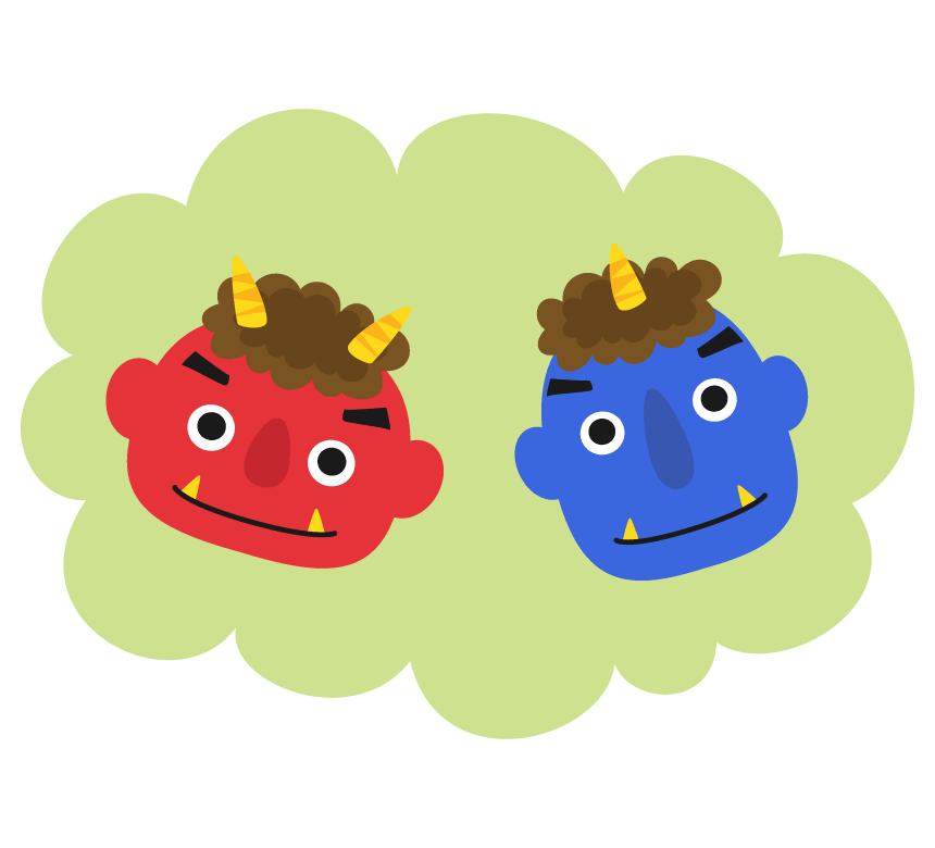 Faces of red and blue demons