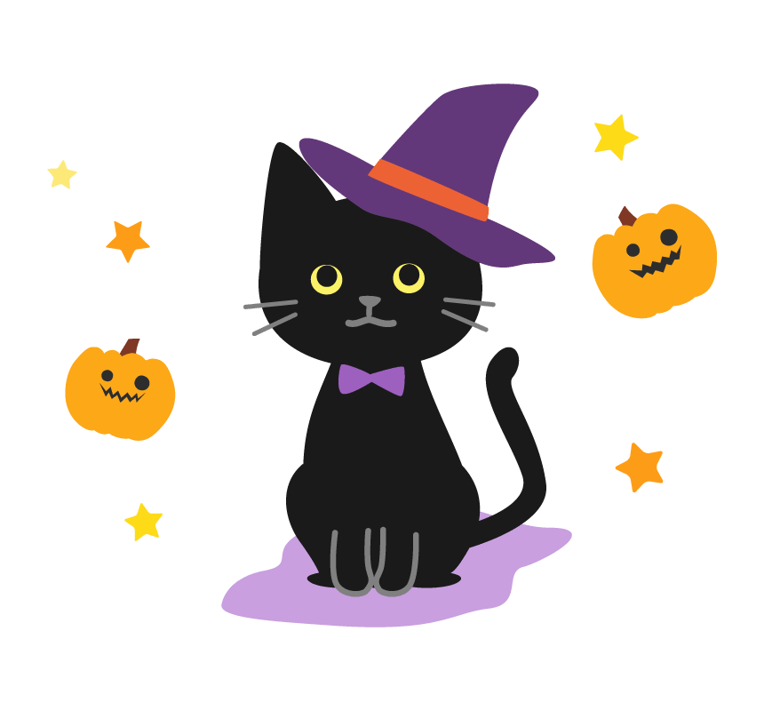 Halloween-Black cat with hat and pumpkin