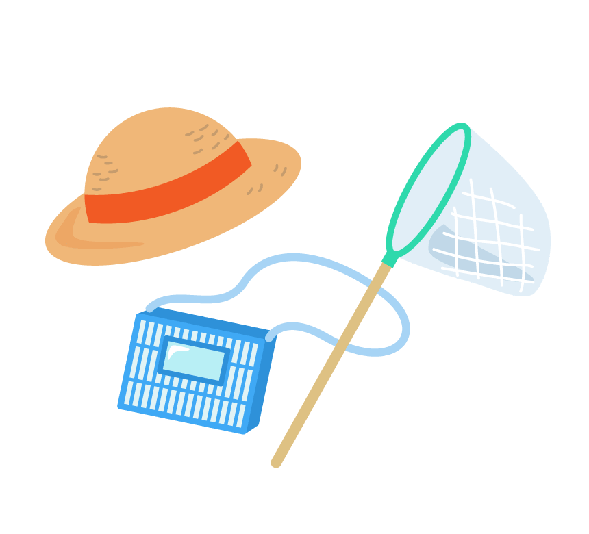 Straw hat, insect catching basket and insect catching net