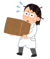 A person in a white coat carrying heavy luggage (female)