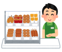 Clerk recommending hot snacks (male)