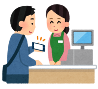 A person showing a smartphone at the cash register