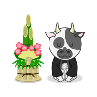 Cow and Kadomatsu greeting the New Year