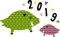 Cute 2019 and two colorfully patterned wild boar New Year's cards