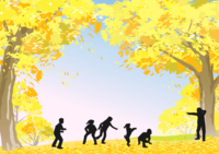 Silhouettes of children playing with dogs and autumn landscape background
