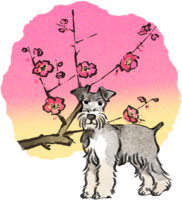 Year of the Dog-Miniature-Schnauzer Japanese Style (Plum) 2018 Zodiac Illustration-Landscape