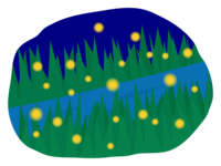 Fireflies are flying at the riverside at night
