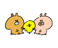 A chick playing with a bear and a pig