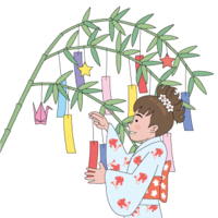 Yukata girl decorating a strip of paper
