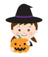 Girl and pumpkin in Halloween costume of witch