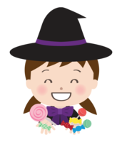 Girl in Halloween costume of a witch who received a lot of candies