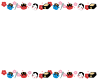 Setsubun-Upper and lower frames of red demons, blue demons, okame and plum blossoms