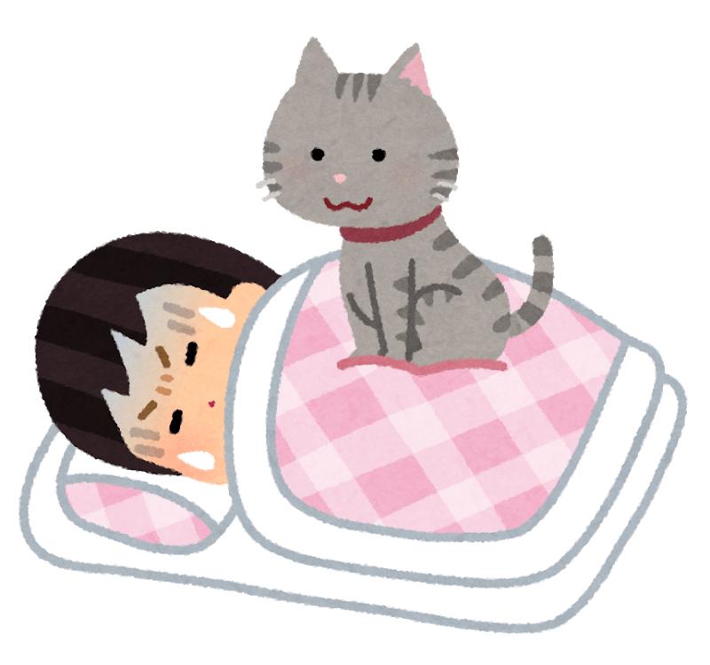 睡眠中に猫に乗られる人(女性)