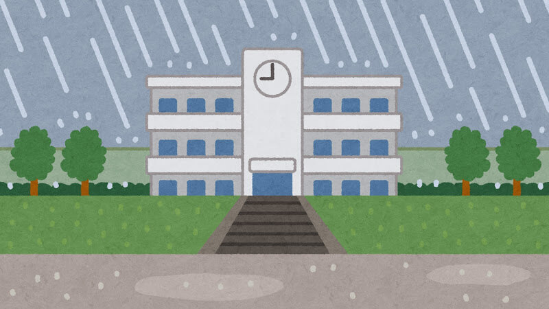 雨が降る学校の建物(背景素材)