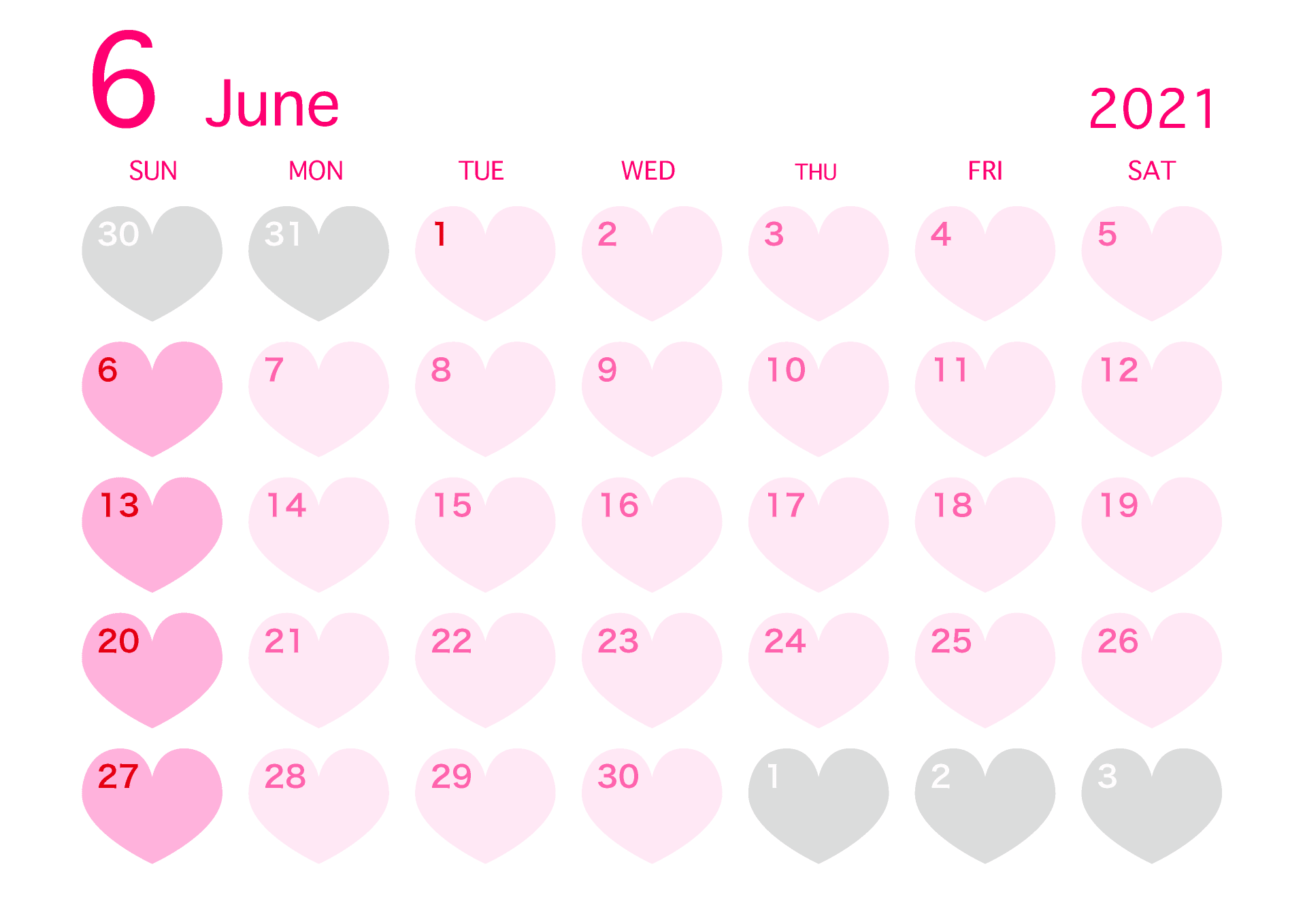 2021年6月的心形日历