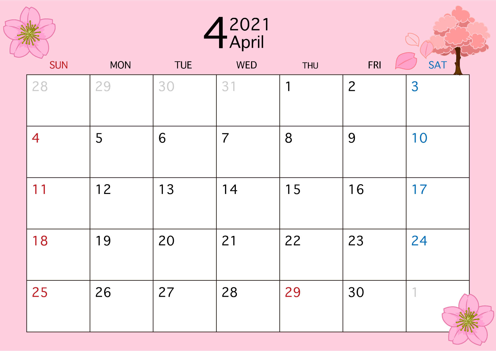 2021年4月日历(樱花)