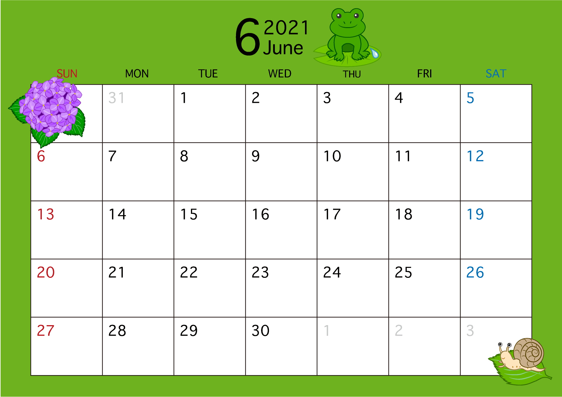 2021年6月カレンダー(梅雨)