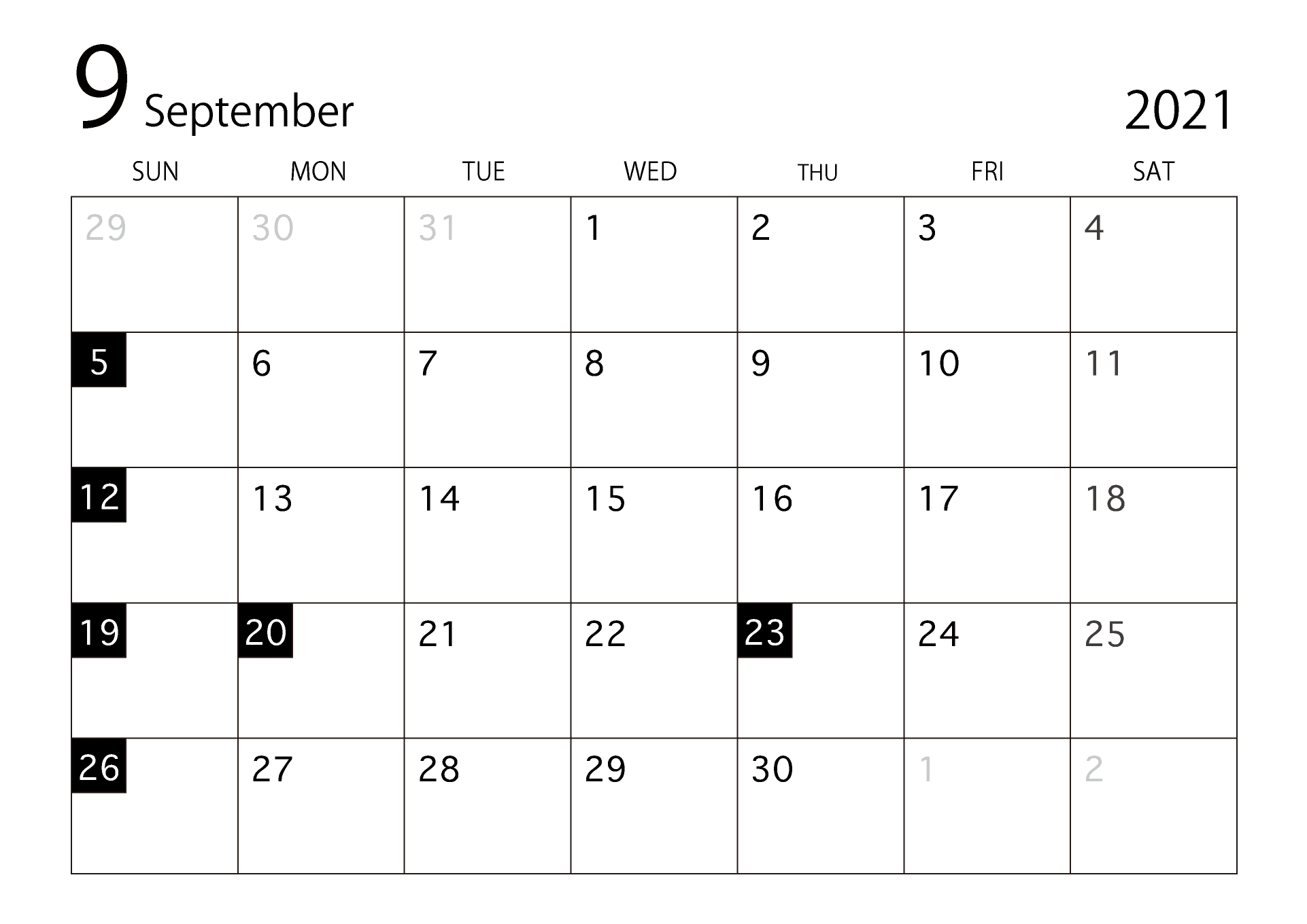 2021年9月カレンダー(白黒)